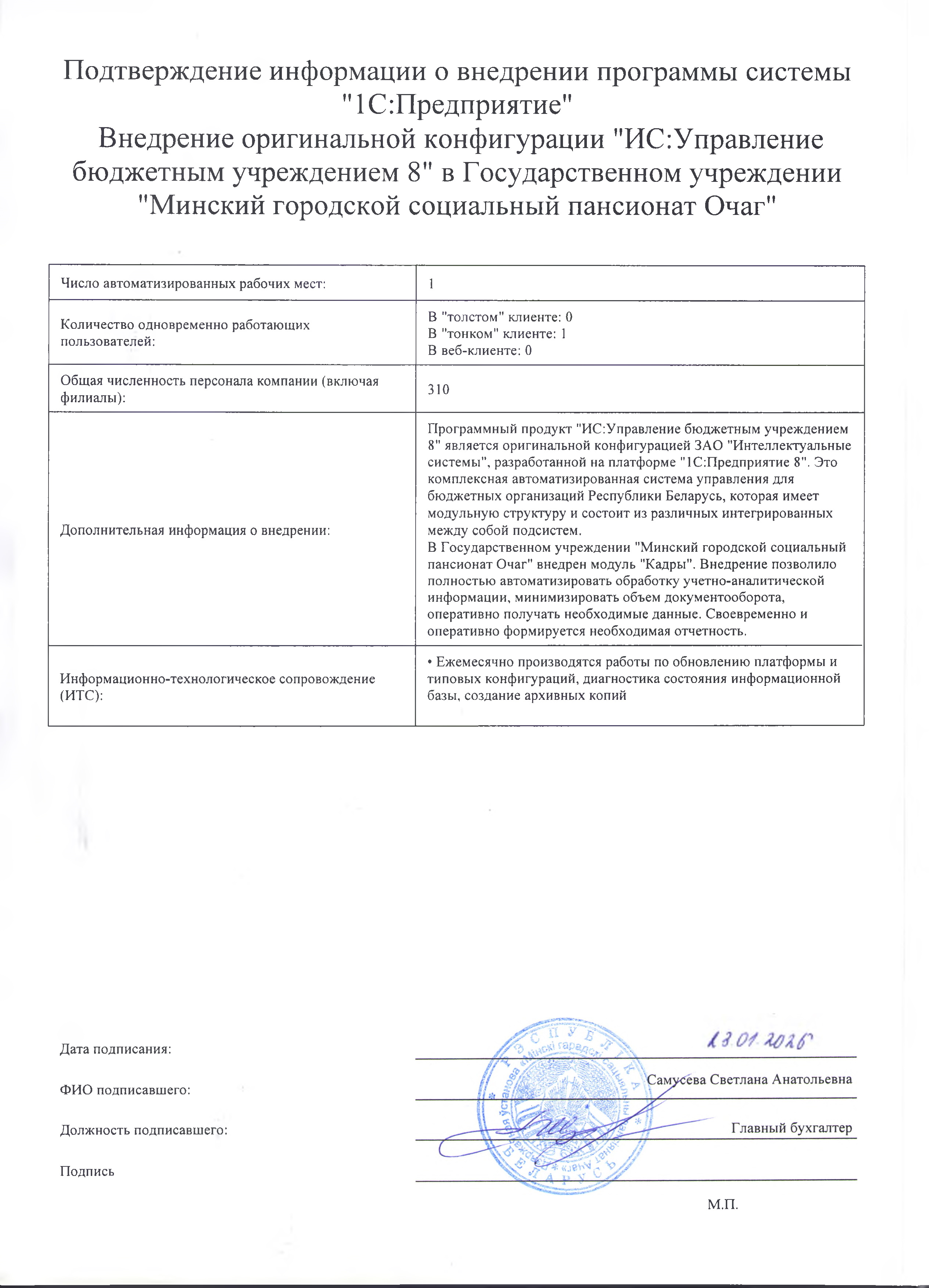 отзыв Внедрение 1 С в Государственном учреждении "Минский городской социальный пансионат Очаг" о компании Интеллектуальные системы